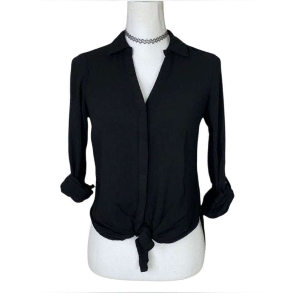 Candie's Black Sheer Button Down Hi-Low Style Ties In Front Top Size Large